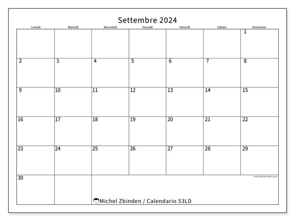 Calendario settembre 2024 “53”. Orario da stampare gratuito.. Da lunedì a domenica