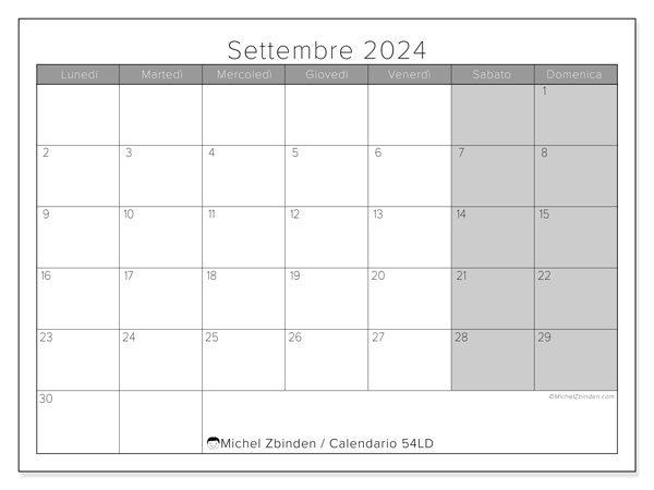 Calendario settembre 2024 “54”. Orario da stampare gratuito.. Da lunedì a domenica