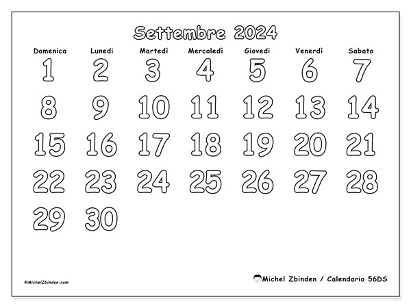 Calendario settembre 2024 “56”. Piano da stampare gratuito.. Da domenica a sabato