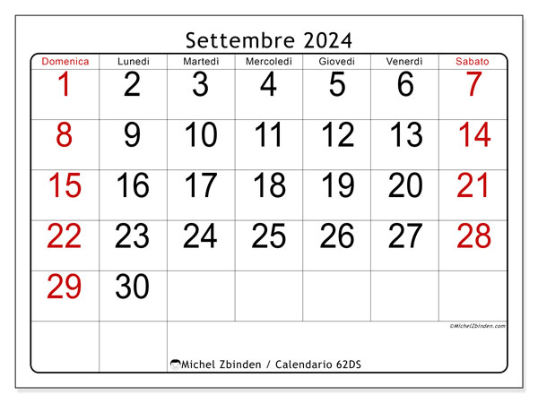 Calendario settembre 2024 “62”. Programma da stampare gratuito.. Da domenica a sabato