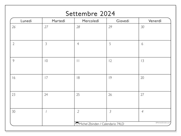 Calendario settembre 2024, 74LD. Programma da stampare gratuito.