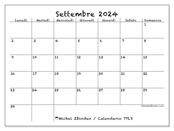 Calendario settembre 2024 “77”. Piano da stampare gratuito.. Da lunedì a domenica