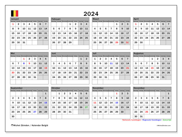 Kalender annuel 2024 “België”. Gratis printbare kaart.. Maandag tot zondag