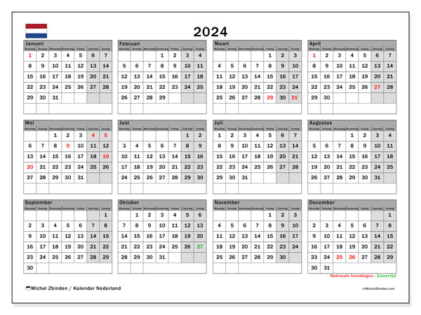 Kalender annuel 2024 “Nederland”. Gratis printbare kaart.. Maandag tot zondag