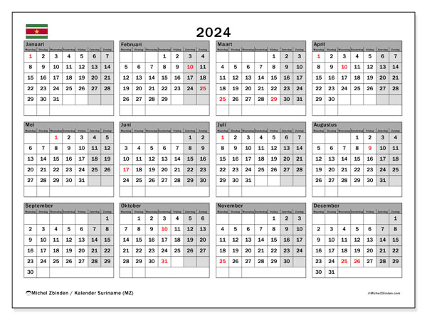 Kalender annuel 2024 “Suriname”. Gratis af te drukken agenda.. Maandag tot zondag