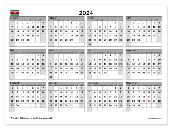 Kalender annuel 2024 “Suriname”. Gratis af te drukken agenda.. Zondag tot zaterdag