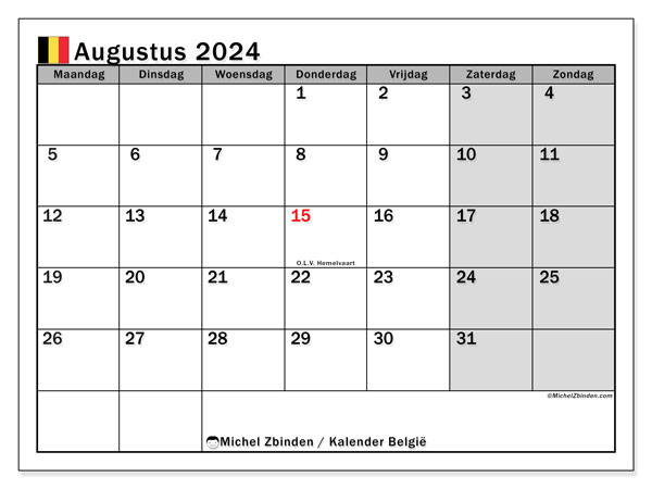 Kalender augustus 2024 “België”. Gratis printbare kaart.. Maandag tot zondag