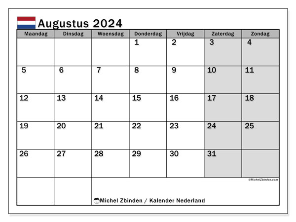 Kalender augustus 2024 “Nederland”. Gratis afdrukbare kalender.. Maandag tot zondag