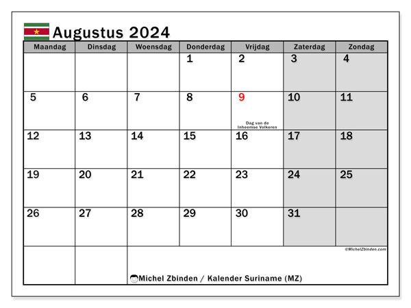 Kalender augustus 2024 “Suriname”. Gratis afdrukbare kalender.. Maandag tot zondag
