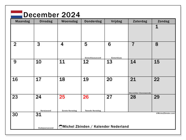 Calendario dicembre 2024, Paesi Bassi (NL). Piano da stampare gratuito.