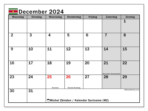 Kalender december 2024 “Suriname”. Gratis printbare kaart.. Maandag tot zondag