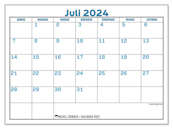 Kalender juli 2024, 49ZZ, klaar om af te drukken, gratis.