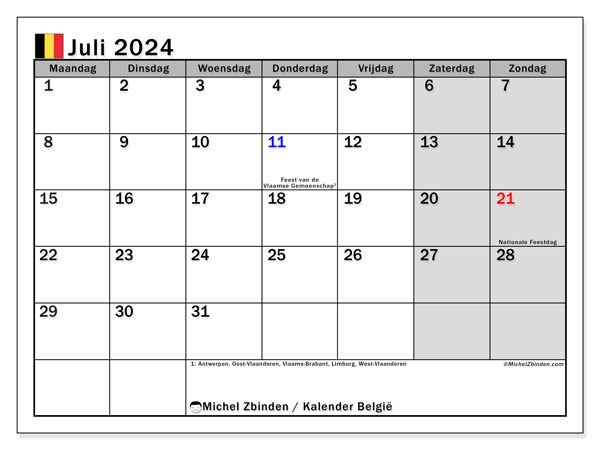 Kalender Juli 2024, Belgien (NL). Programm zum Ausdrucken kostenlos.