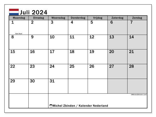 Kalender juli 2024 “Nederland”. Gratis af te drukken agenda.. Maandag tot zondag
