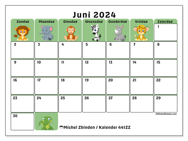 Kalender juni 2024, 441ZZ, klaar om af te drukken, gratis.