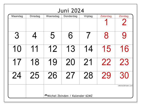 Kalender juni 2024, 62MZ, klaar om af te drukken, gratis.