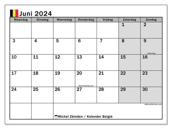 Kalender Juni 2024, Belgien (NL). Programm zum Ausdrucken kostenlos.