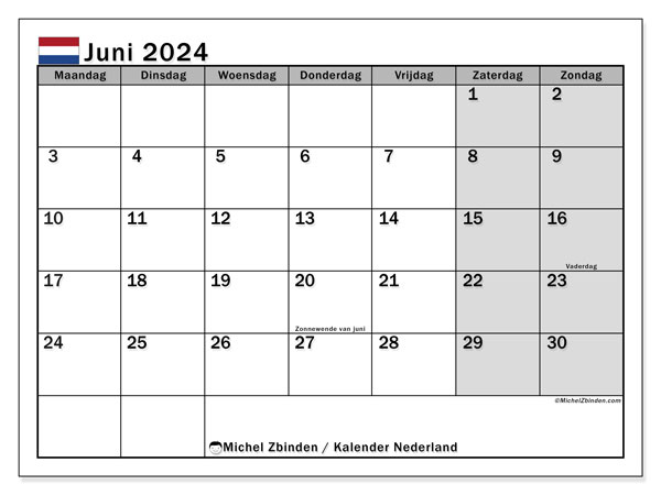 Kalender juni 2024 “Nederland”. Gratis afdrukbaar programma.. Maandag tot zondag