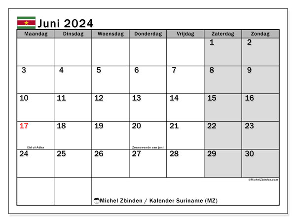 Calendario giugno 2024, Suriname (NL). Orario da stampare gratuito.