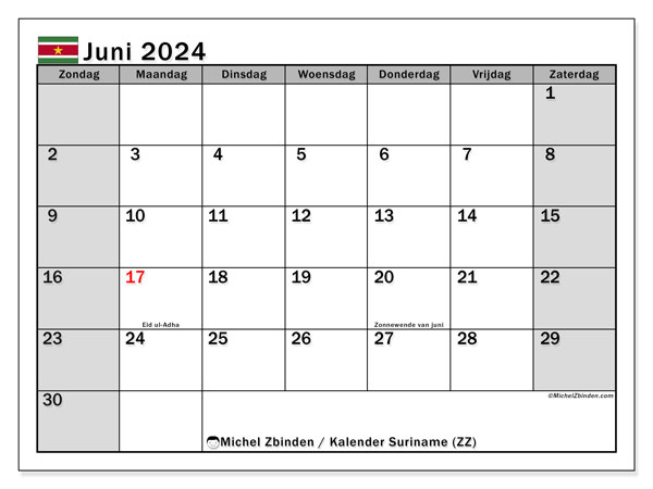 Kalender juni 2024 “Suriname”. Gratis printbaar schema.. Zondag tot zaterdag