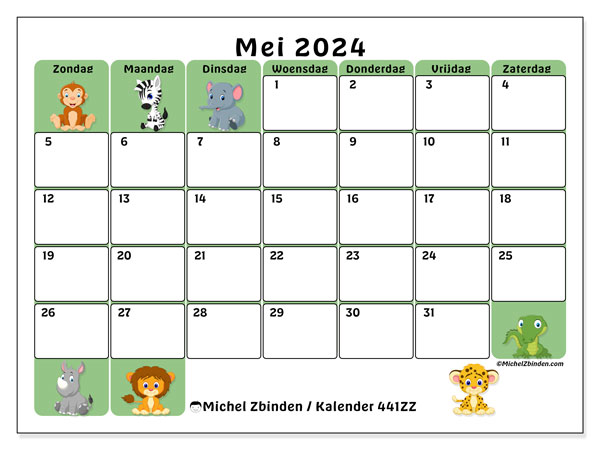 Kalender mei 2024, 441ZZ, klaar om af te drukken, gratis.