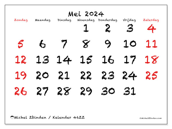 Kalender mei 2024, 46ZZ, klaar om af te drukken, gratis.