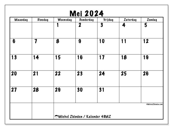 Kalender mei 2024, 48MZ, klaar om af te drukken, gratis.