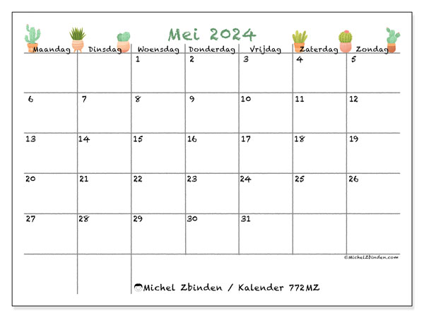 Kalender mei 2024, 772MZ, klaar om af te drukken, gratis.