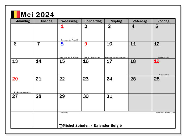 Kalender mei 2024 “België”. Gratis af te drukken agenda.. Maandag tot zondag