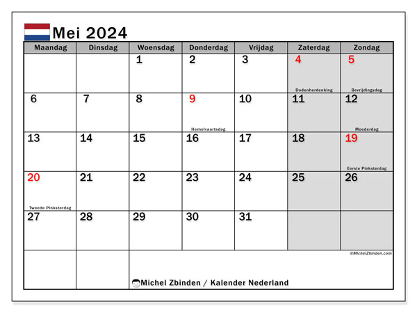 Kalender mei 2024 “Nederland”. Gratis af te drukken agenda.. Maandag tot zondag