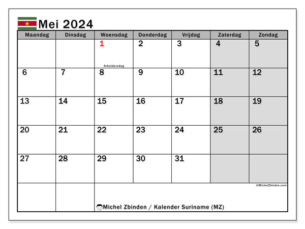Kalender mei 2024, Suriname, klaar om af te drukken, gratis.