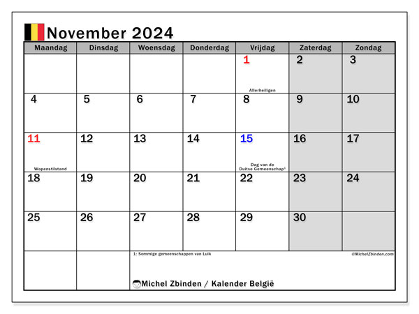 Calendario novembre 2024, Belgio (NL). Piano da stampare gratuito.