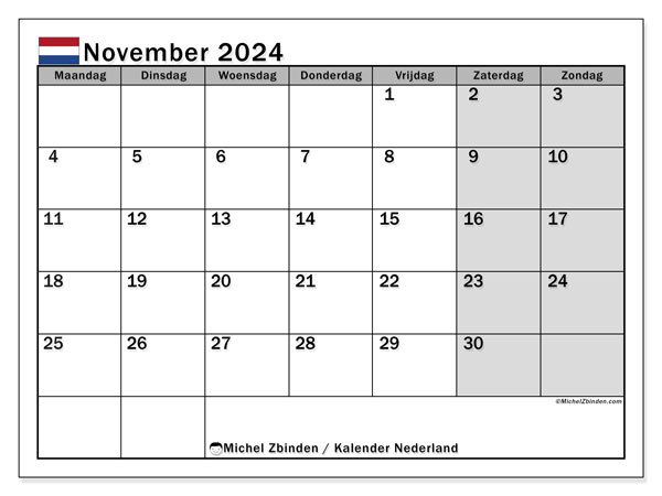 Kalender November 2024, Niederlande (NL). Kalender zum Ausdrucken kostenlos.