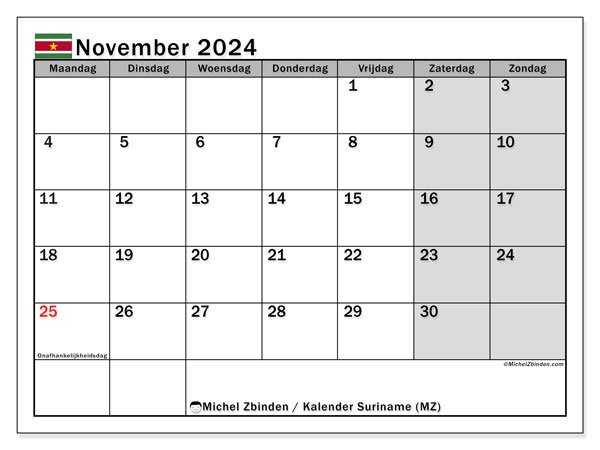 Kalender November 2024, Surinam (NL). Kalender zum Ausdrucken kostenlos.