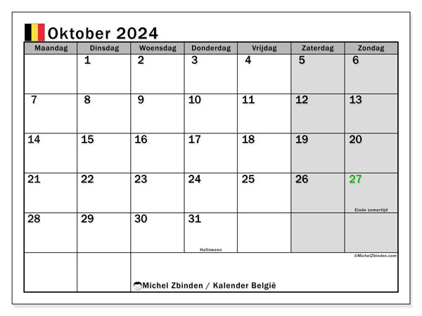 Kalender oktober 2024 “België”. Gratis afdrukbare kalender.. Maandag tot zondag