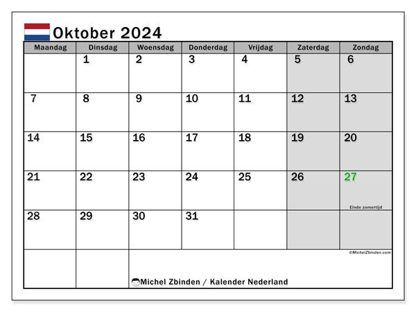 Kalender oktober 2024 “Nederland”. Gratis afdrukbaar programma.. Maandag tot zondag
