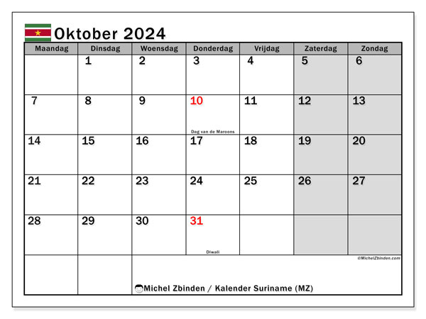 Kalender oktober 2024 “Suriname”. Gratis af te drukken agenda.. Maandag tot zondag