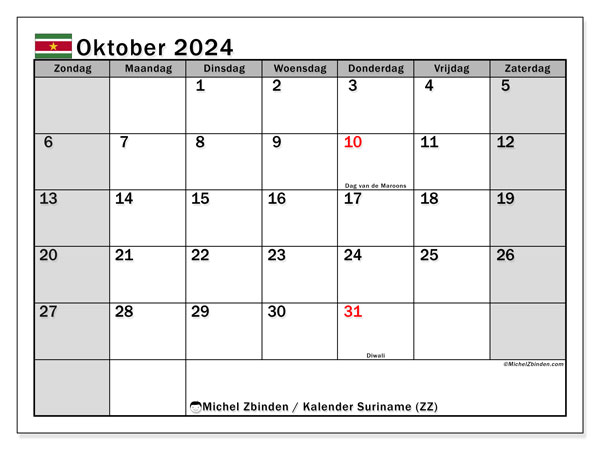 Kalender oktober 2024 “Suriname”. Gratis af te drukken agenda.. Zondag tot zaterdag