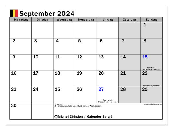 Calendario settembre 2024, Belgio (NL). Programma da stampare gratuito.