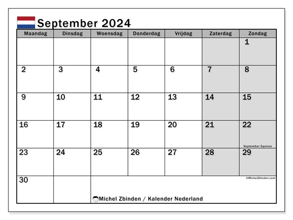 Kalender September 2024, Niederlande (NL). Plan zum Ausdrucken kostenlos.
