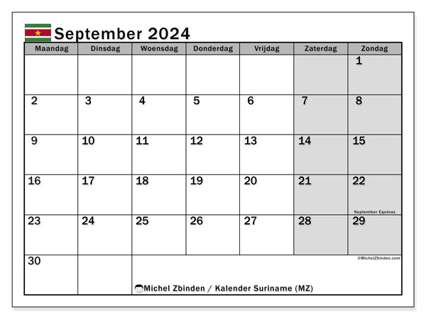 Kalender September 2024, Surinam (NL). Plan zum Ausdrucken kostenlos.