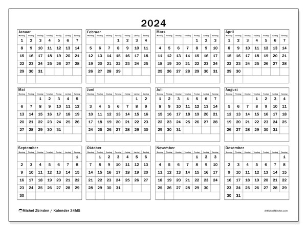 Årskalender 2024, 34MS. Gratis program for utskrift.