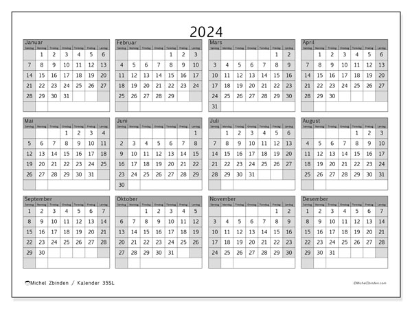 Årskalender 2024, 35SL. Gratis program for utskrift.