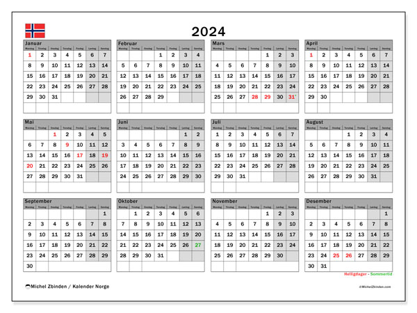 Kalender årlig 2024 “Norge”. Gratis kalender for utskrift.. Mandag til søndag