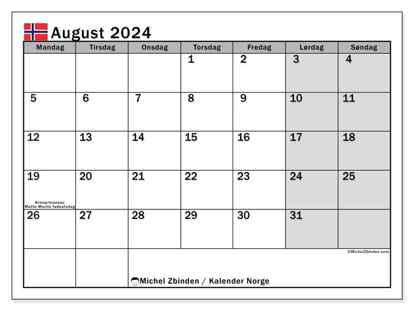 Calendario agosto 2024, Norvegia (NO). Calendario da stampare gratuito.