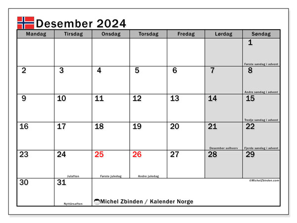 Calendario dicembre 2024, Norvegia (NO). Piano da stampare gratuito.
