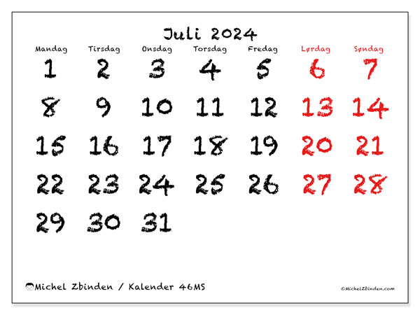Kalender juli 2024, 46MS, klar til utskrift og gratis.