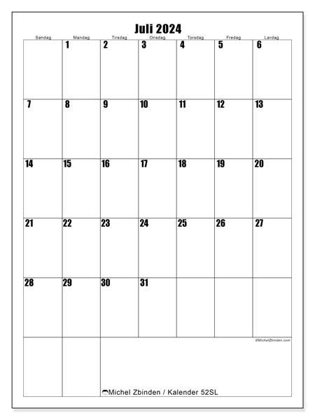 Kalender juli 2024, 52SL, klar til utskrift og gratis.
