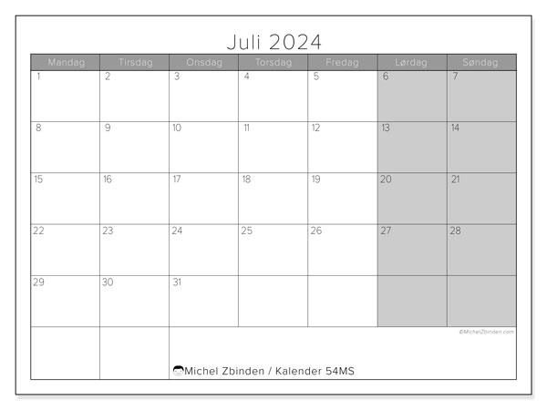 Kalender juli 2024, 54MS, klar til utskrift og gratis.