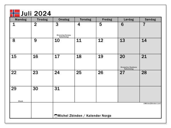 Kalender juli 2024 “Norge”. Gratis journal for utskrift.. Mandag til søndag